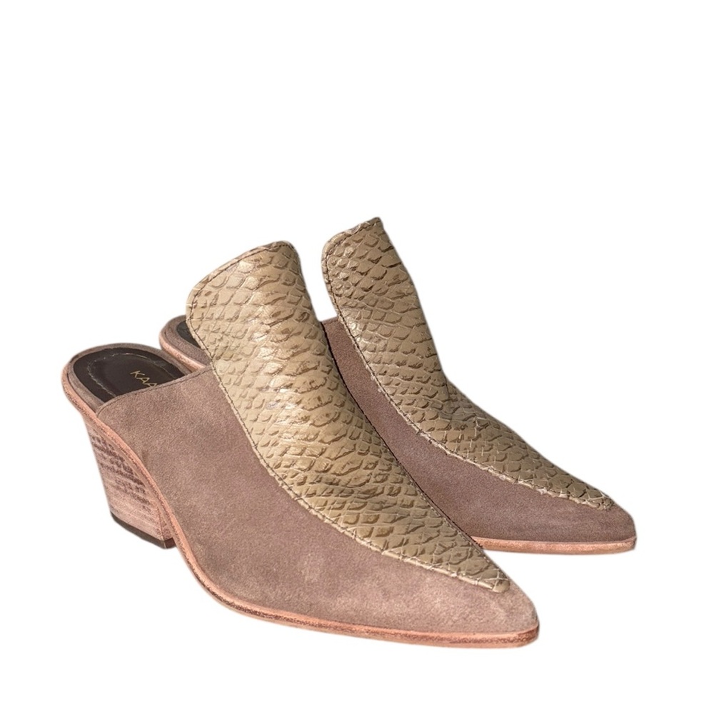 Kaanas Anthropologie Girona Brown Suede Tan Embossed Snakeskin Heeled Mules - 7